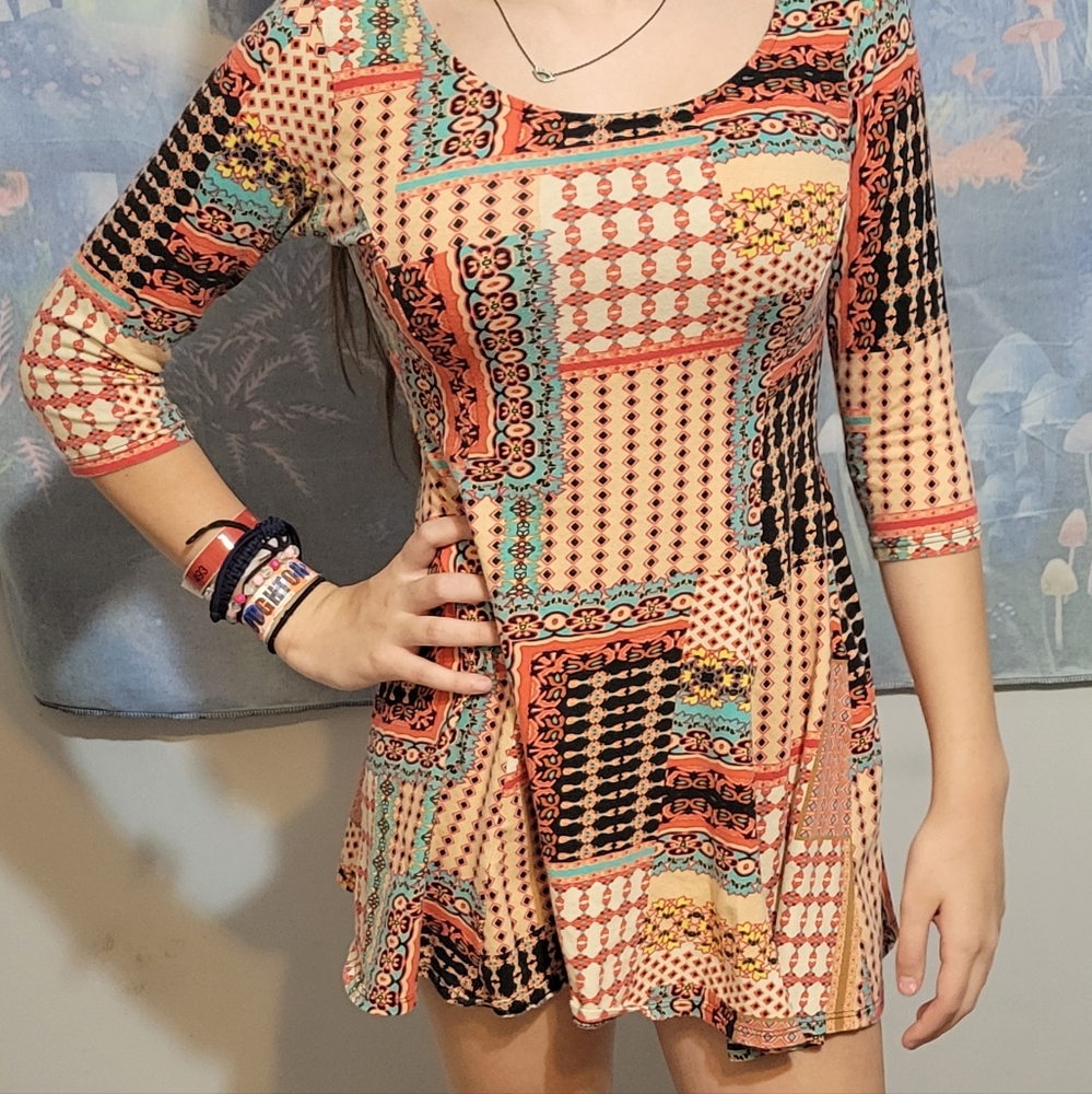 Love J USA Boho Gypsy Hippie 3/4 Sleave  Short Dress Patchwork Style Size M